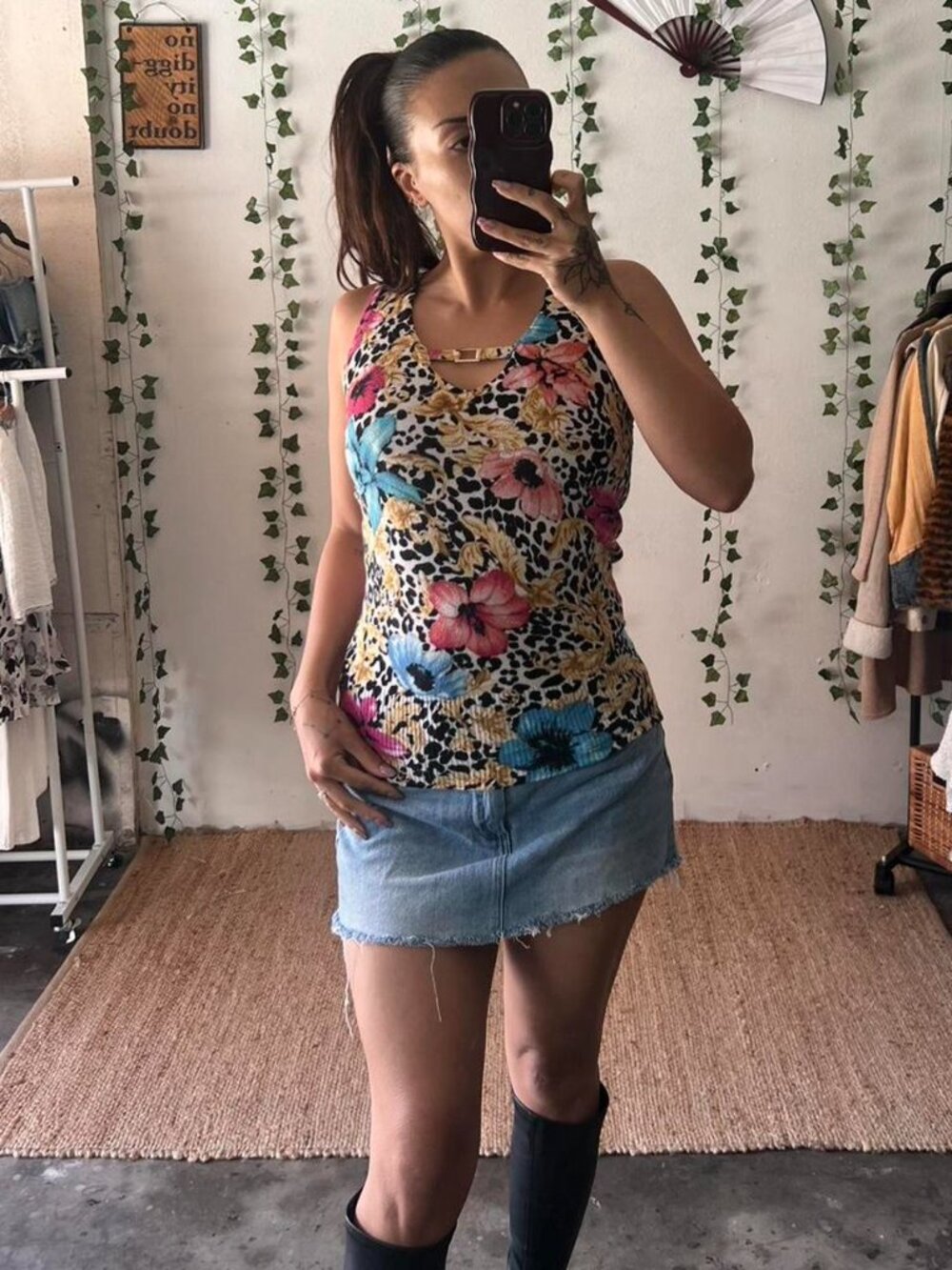 Vintage 2000s Cache knit leopard and floral print tank sleeveless top